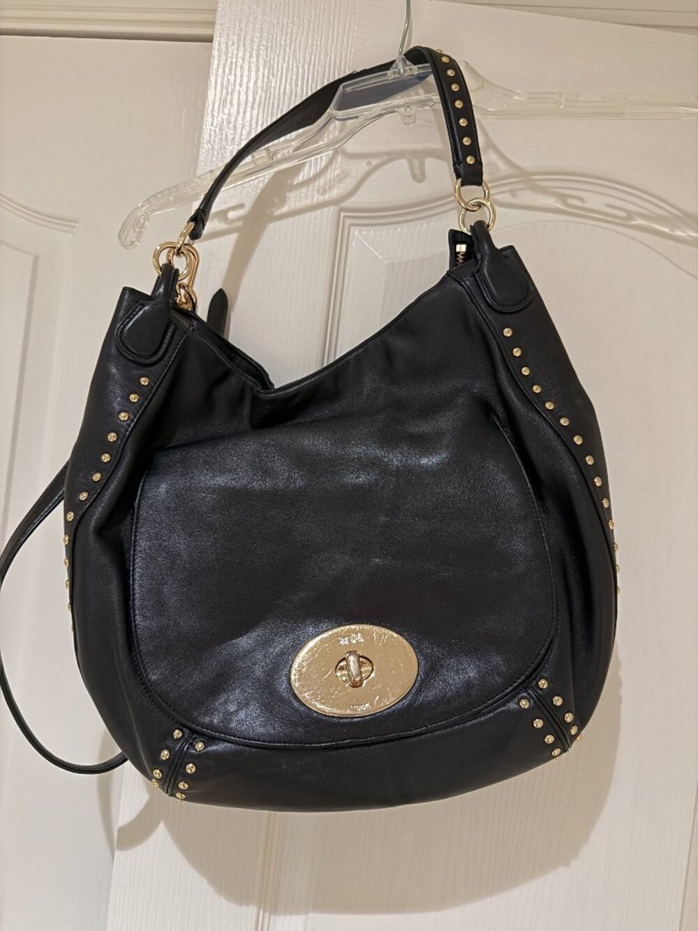 Coach Handbag, Black Leather with Gold Trim